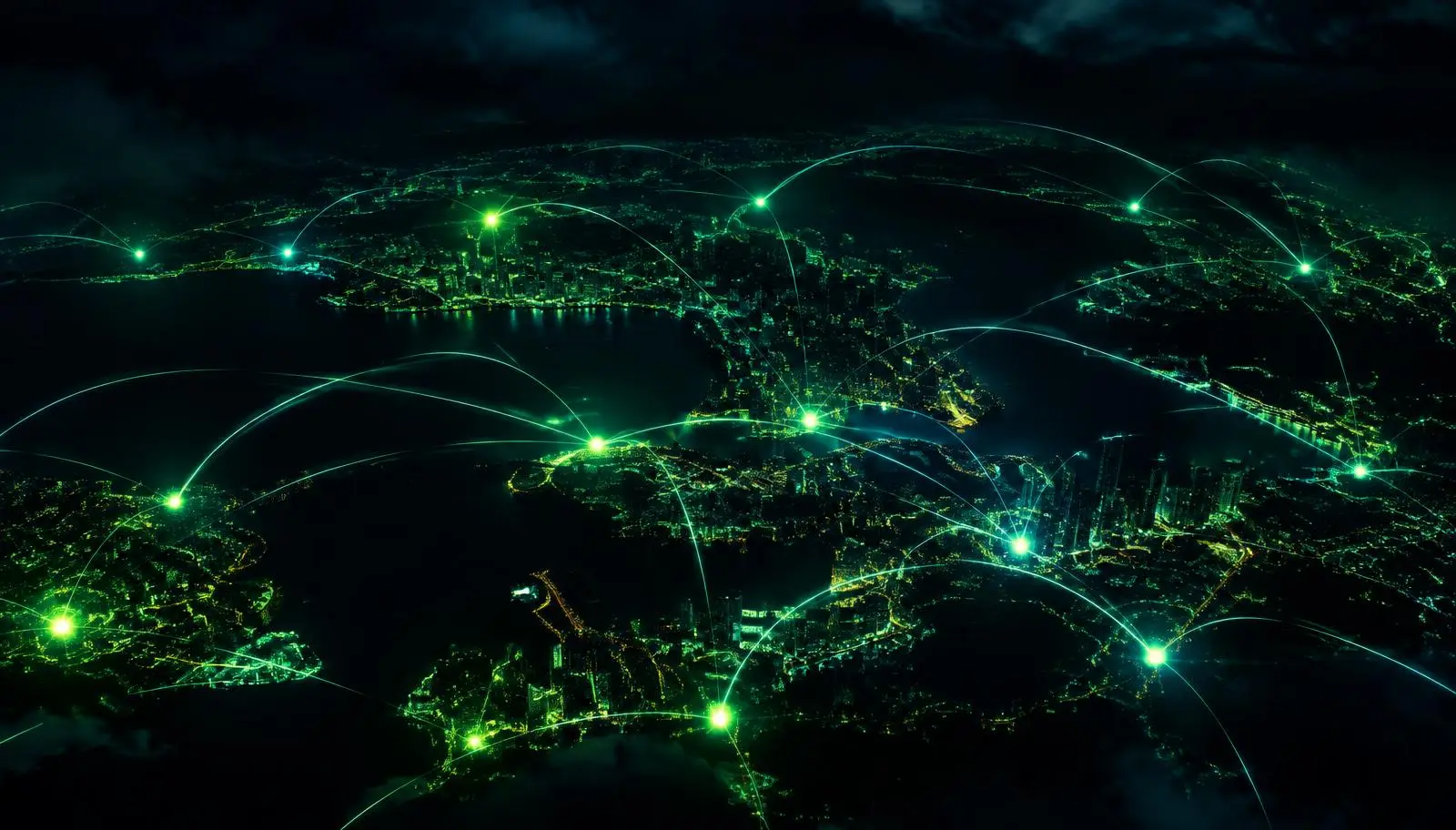 Glowing global network of connections over a city at night, representing internet IP traffic